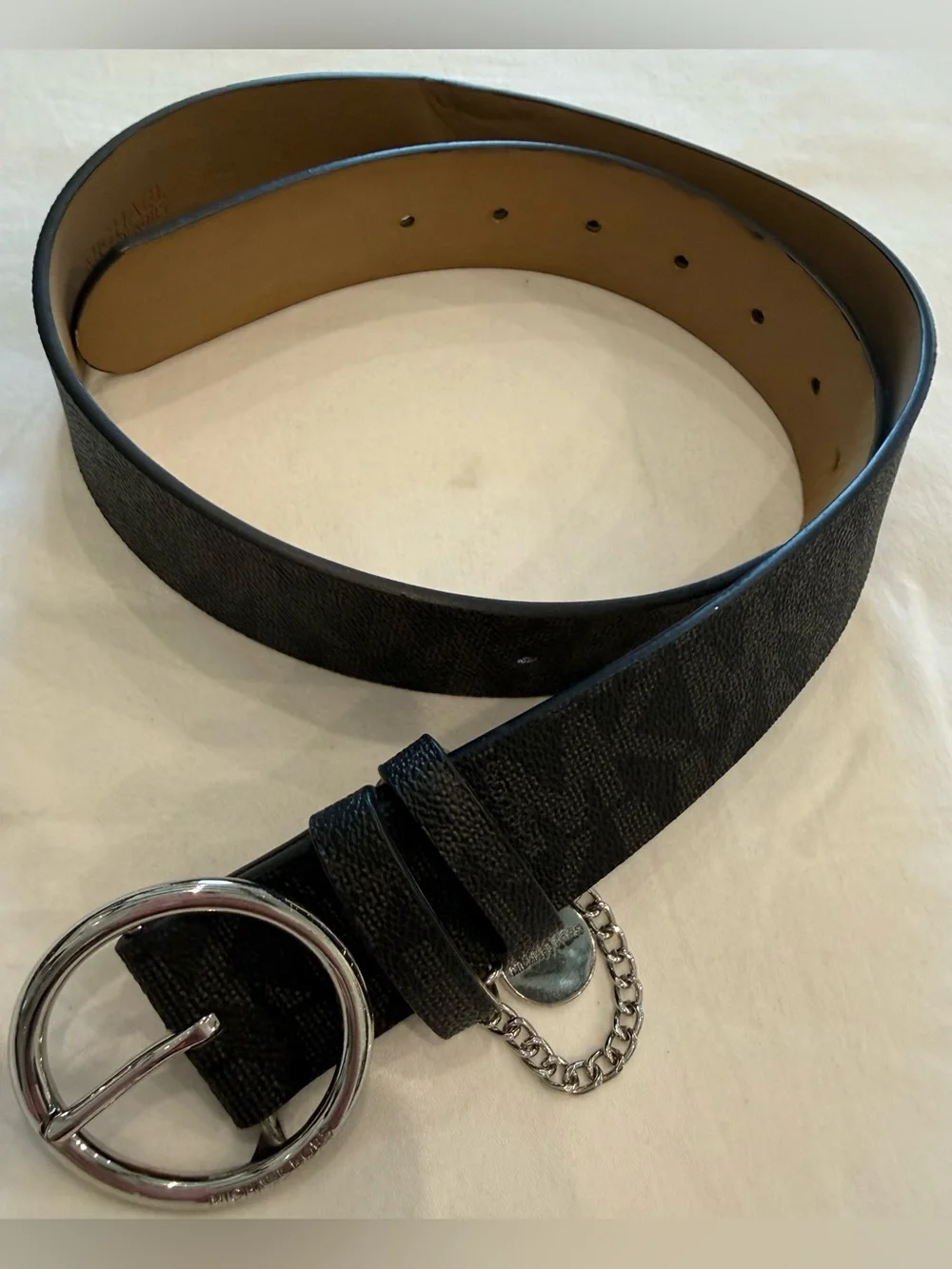 Michael Kors Black Textured Leather Belt with Round Silver Buckle